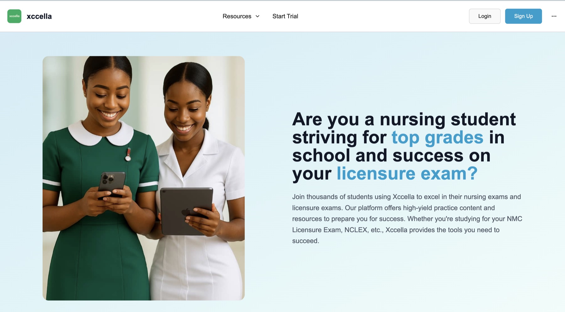 Xccella homepage — nursing exam preparation platform